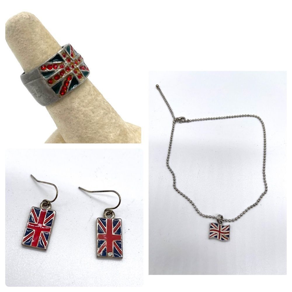 UK Flag Necklace/Earrings and Ring Silvertone